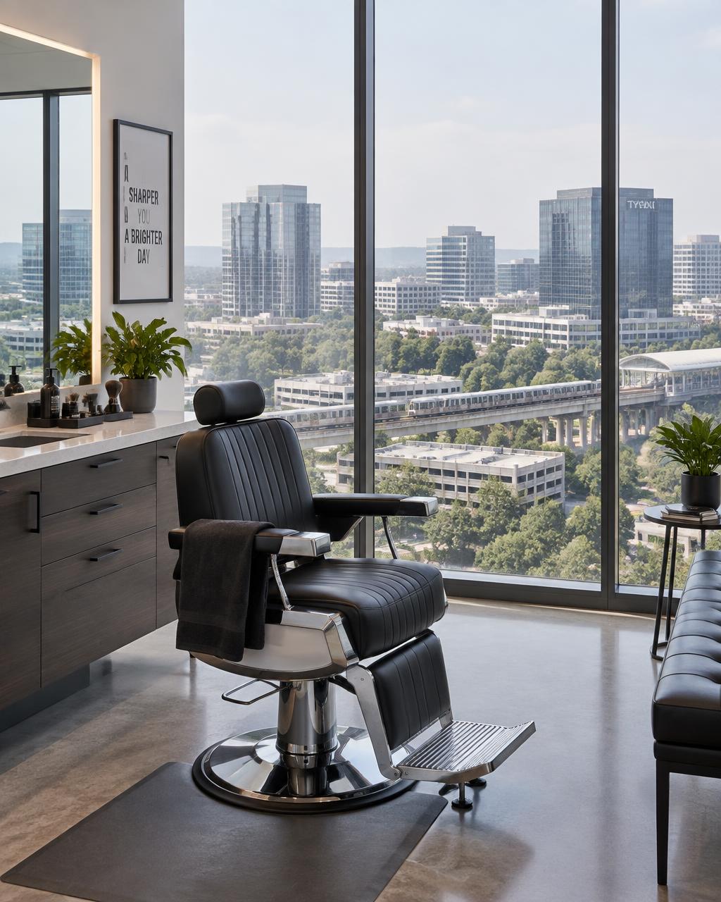 Barber chair in the ninth-floor studio beside a floor-to-ceiling window
